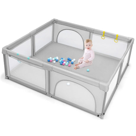 Baby Playpen with 50 Pieces Ocean Balls &amp; 4 Handlebars for Toddler-Grey