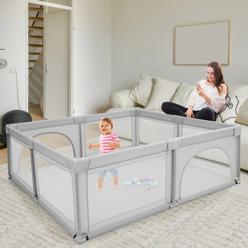 Baby Playpen with 50 Pieces Ocean Balls &amp; 4 Handlebars for Toddler-Grey