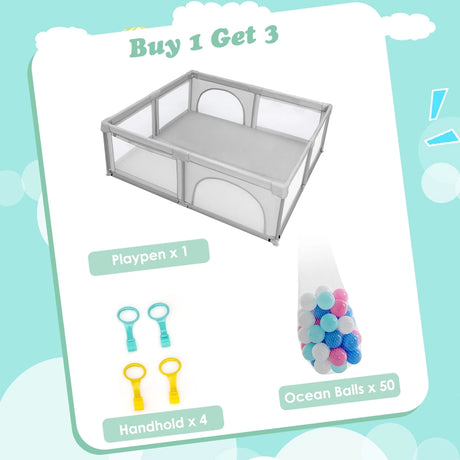 Baby Playpen with 50 Pieces Ocean Balls &amp; 4 Handlebars for Toddler-Grey
