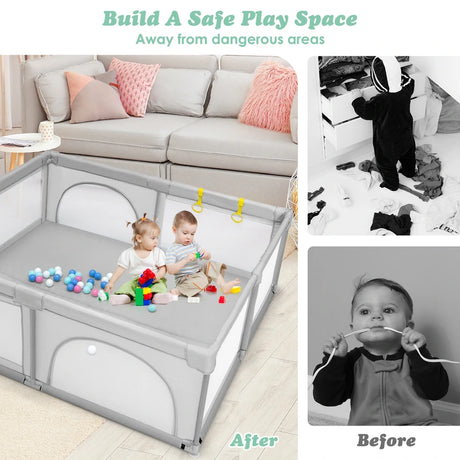 Baby Playpen with 50 Pieces Ocean Balls &amp; 4 Handlebars for Toddler-Grey