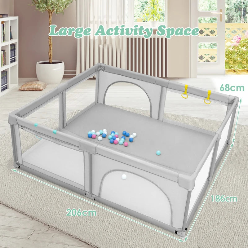 Baby Playpen with 50 Pieces Ocean Balls &amp; 4 Handlebars for Toddler-Grey