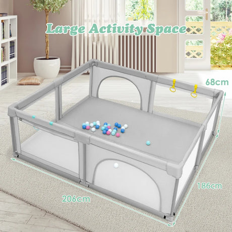 Baby Playpen with 50 Pieces Ocean Balls &amp; 4 Handlebars for Toddler-Grey