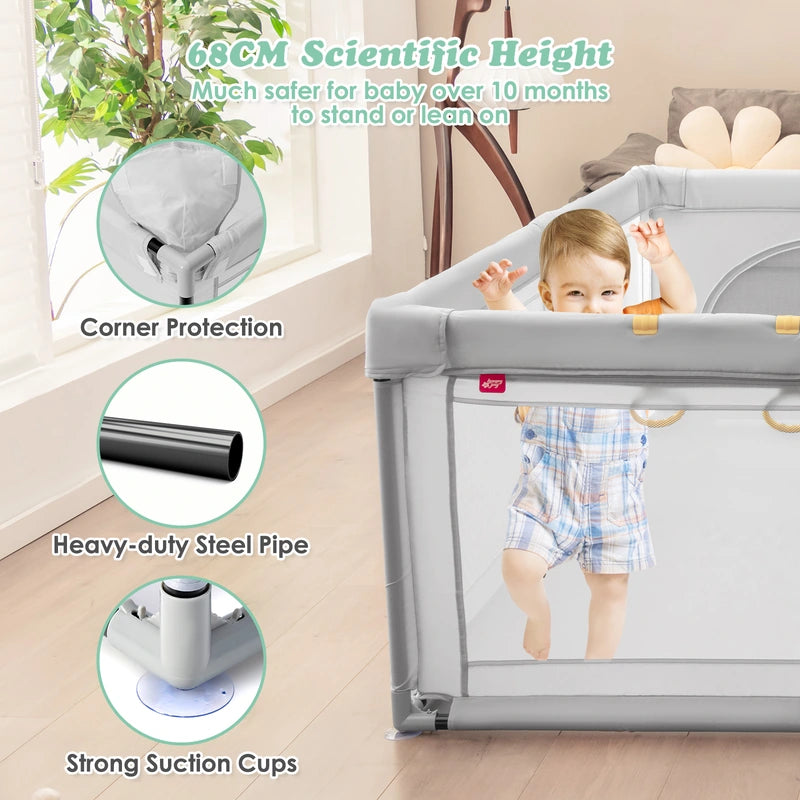 Baby Playpen with 50 Pieces Ocean Balls &amp; 4 Handlebars for Toddler-Grey