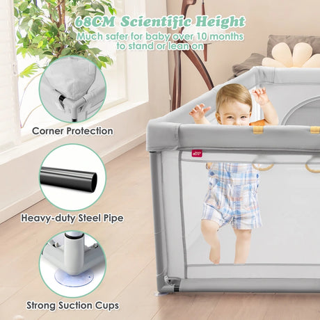 Baby Playpen with 50 Pieces Ocean Balls &amp; 4 Handlebars for Toddler-Grey