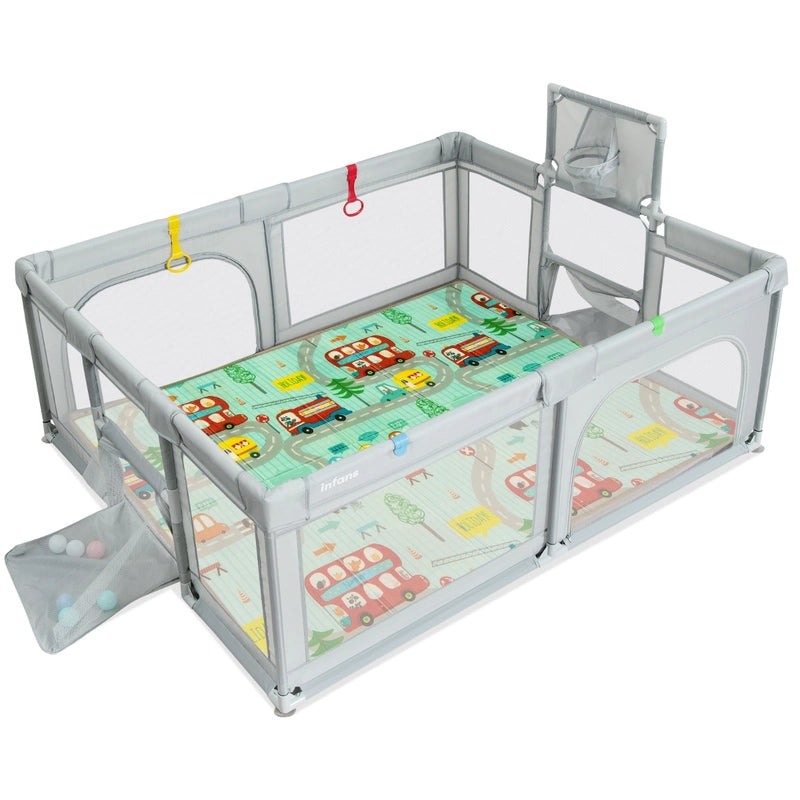Large Baby Playpen with Mat with Basketball Hoop and Soccer Nets-Grey