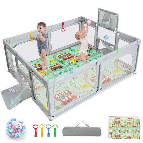 Large Baby Playpen with Mat with Basketball Hoop and Soccer Nets-Grey