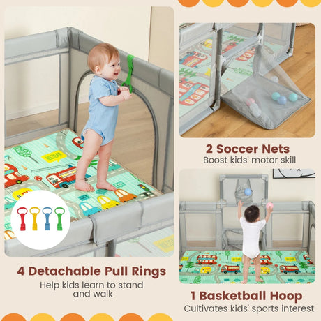Large Baby Playpen with Mat with Basketball Hoop and Soccer Nets-Grey