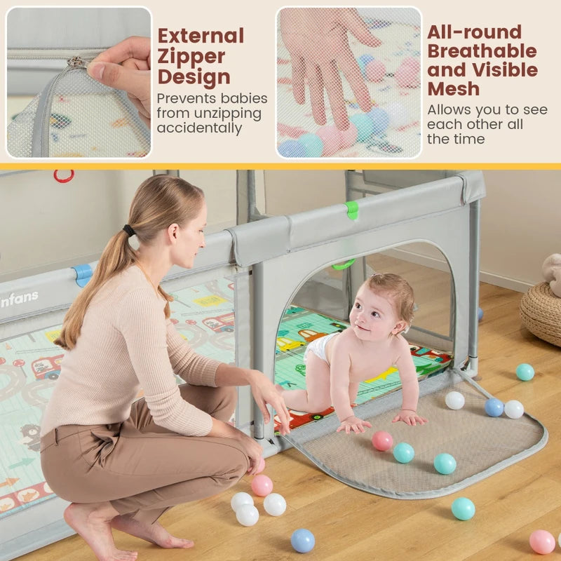 Large Baby Playpen with Mat with Basketball Hoop and Soccer Nets-Grey