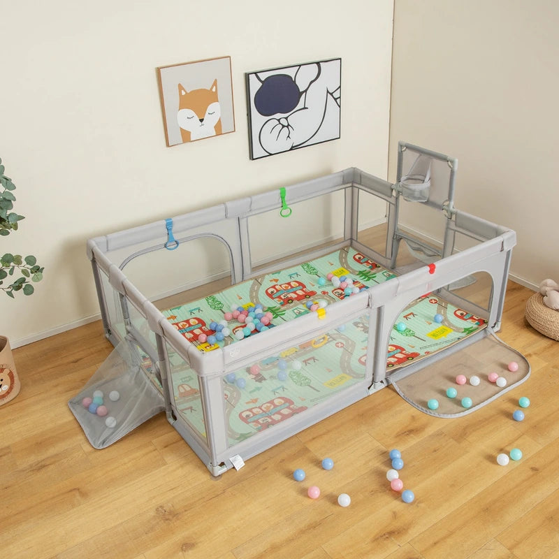 Large Baby Playpen with Mat with Basketball Hoop and Soccer Nets-Grey