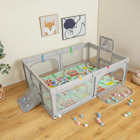 Large Baby Playpen with Mat with Basketball Hoop and Soccer Nets-Grey