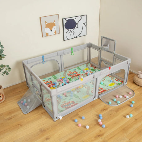 Large Baby Playpen with Mat with Basketball Hoop and Soccer Nets-Grey