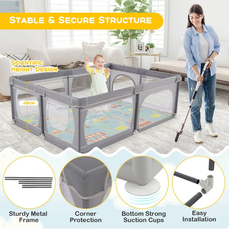 Baby Playpen with Mat and 4 Pull Rings -Dark Grey