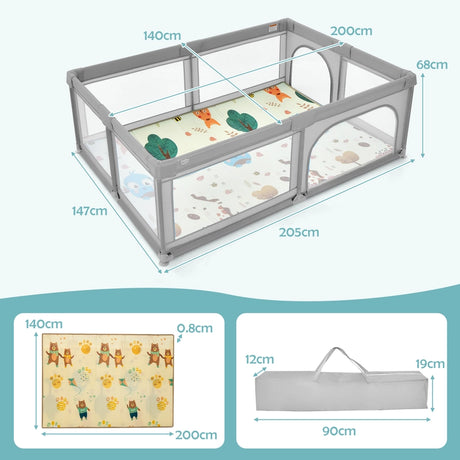 206 x 146cm Baby Playpen As Activity Centre-Grey