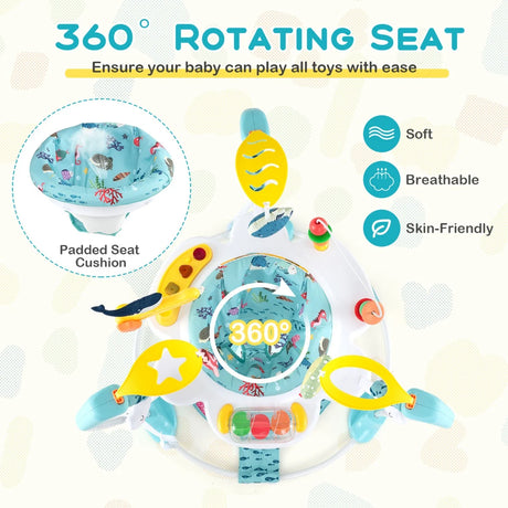 Baby Activity Center with Interactive Toys Musical Tray, Height Adjustable Baby Spinning Top Blue