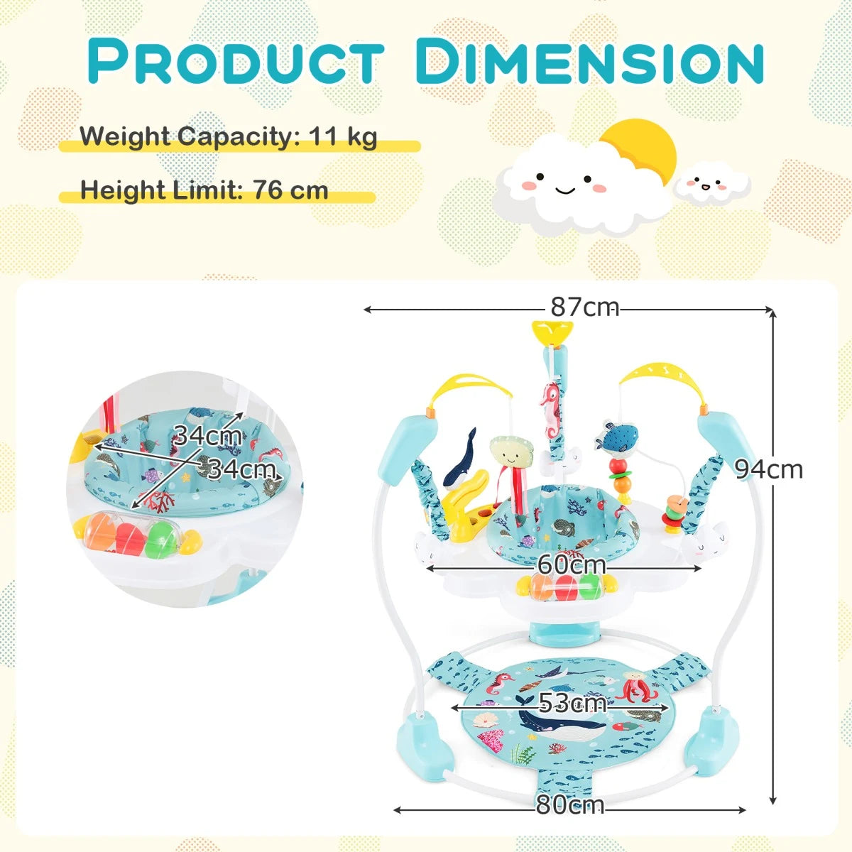 Baby Activity Center with Interactive Toys Musical Tray, Height Adjustable Baby Spinning Top Blue