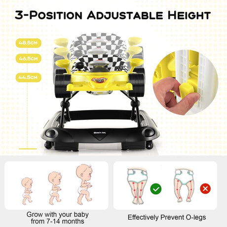 4-in-1 Foldable Baby Walker with Adjustable Height and Detachable Tray-Yellow