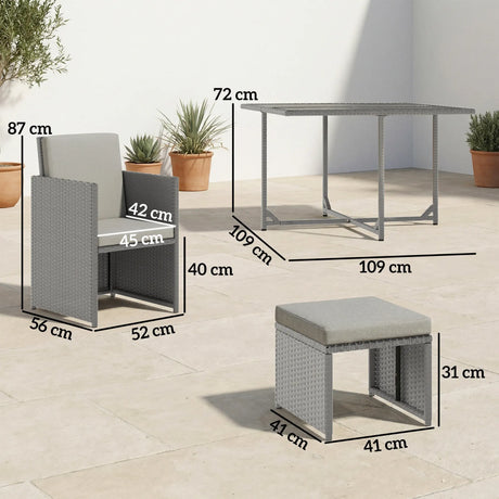 Outsunny 9 Piece Rattan Cube Garden Furniture Dining Set with Armchairs, Footstools and Glass-Top Table, Light Grey