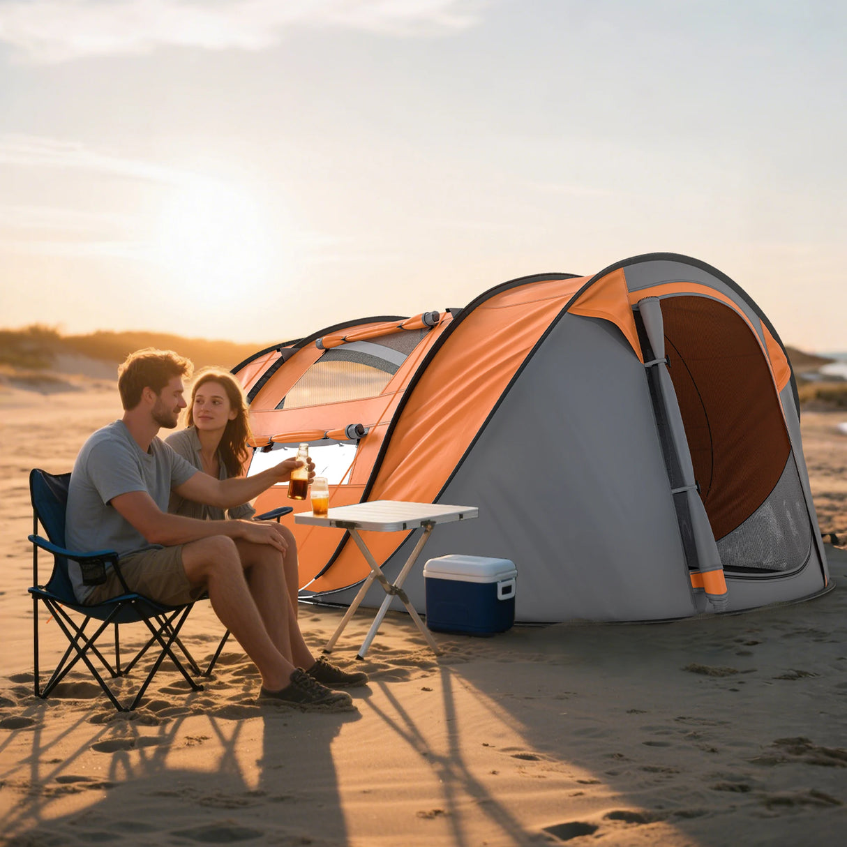Outsunny 4 Person Pop-up Camping Tent Family Tent with Ground Sheet, 4 Windows and Portable Carry Bag for Beach Outdoor Trip, Orange