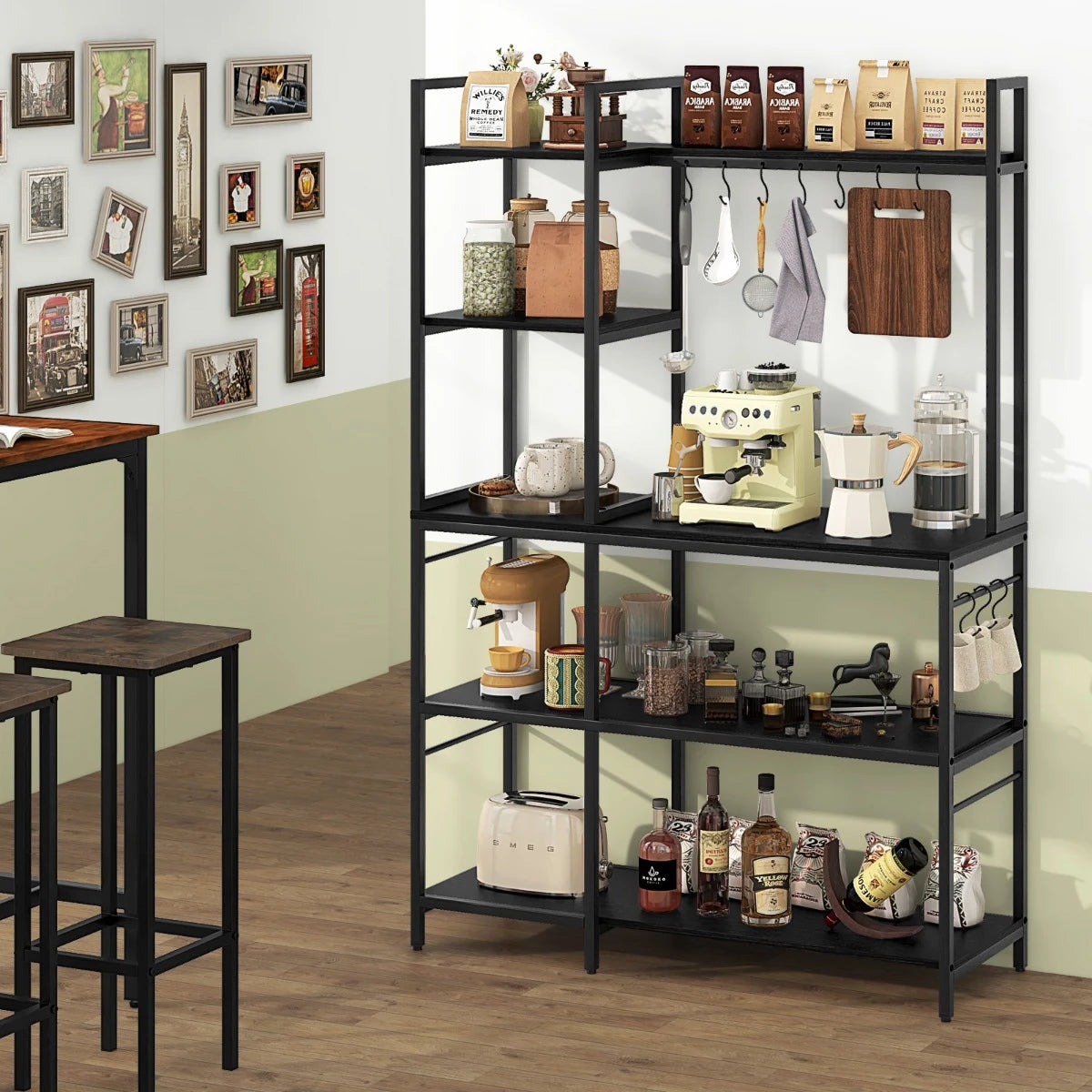 Bakers Rack with Power Outlets and 10 S-Shaped Hooks-Black