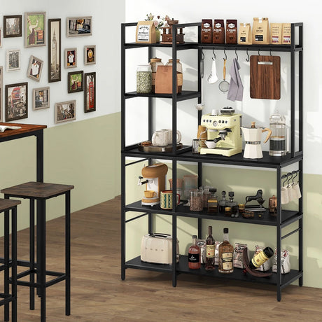 Bakers Rack with Power Outlets and 10 S-Shaped Hooks-Black