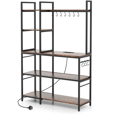 Bakers Rack with Power Outlets and 10 S-Shaped Hooks-Coffee