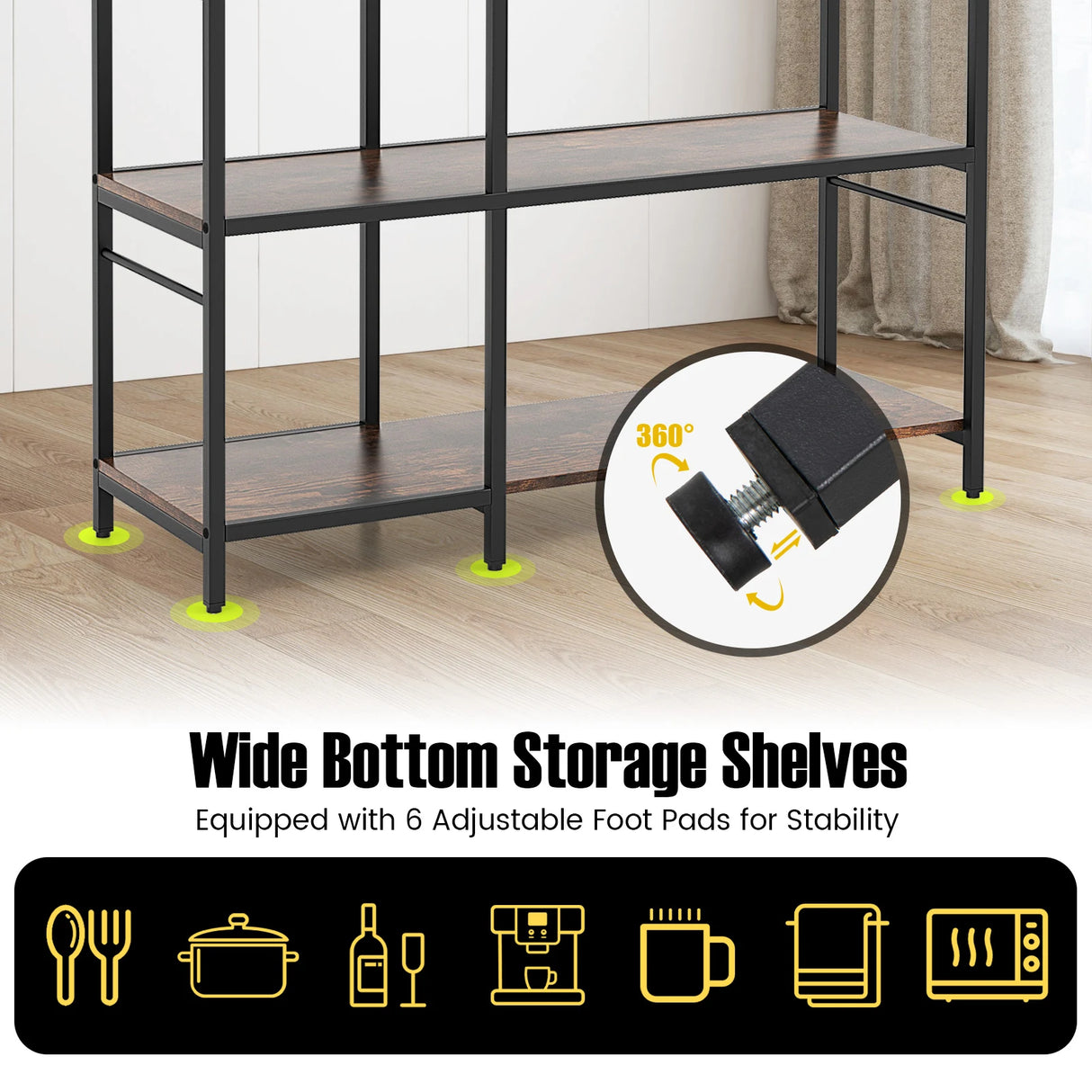 Bakers Rack with Power Outlets and 10 S-Shaped Hooks-Coffee