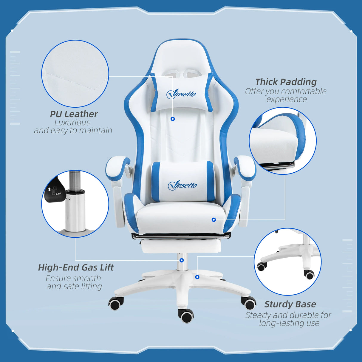 Vinsetto Computer Gaming Chair, PU Leather Office Desk Chair with Footrest, Swivel Wheels, 135 Reclining Back, Lumbar Support, Headrest for Home, White and Blue