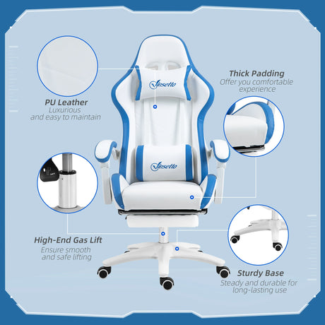 Vinsetto Computer Gaming Chair, PU Leather Office Desk Chair with Footrest, Swivel Wheels, 135 Reclining Back, Lumbar Support, Headrest for Home, White and Blue