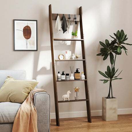 5-Tier Bamboo Ladder Bookshelf with 4 Removable Hooks-Brown