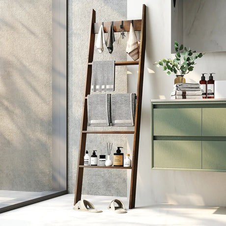 5-Tier Bamboo Ladder Bookshelf with 4 Removable Hooks-Brown