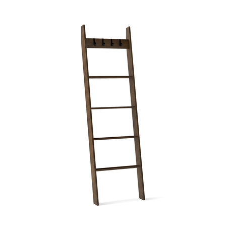 5-Tier Bamboo Ladder Bookshelf with 4 Removable Hooks-Brown