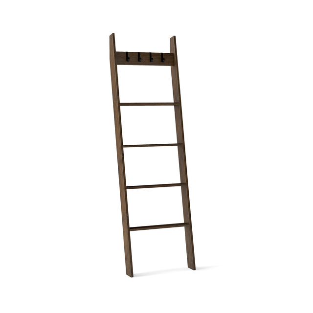 5-Tier Bamboo Ladder Bookshelf with 4 Removable Hooks-Brown