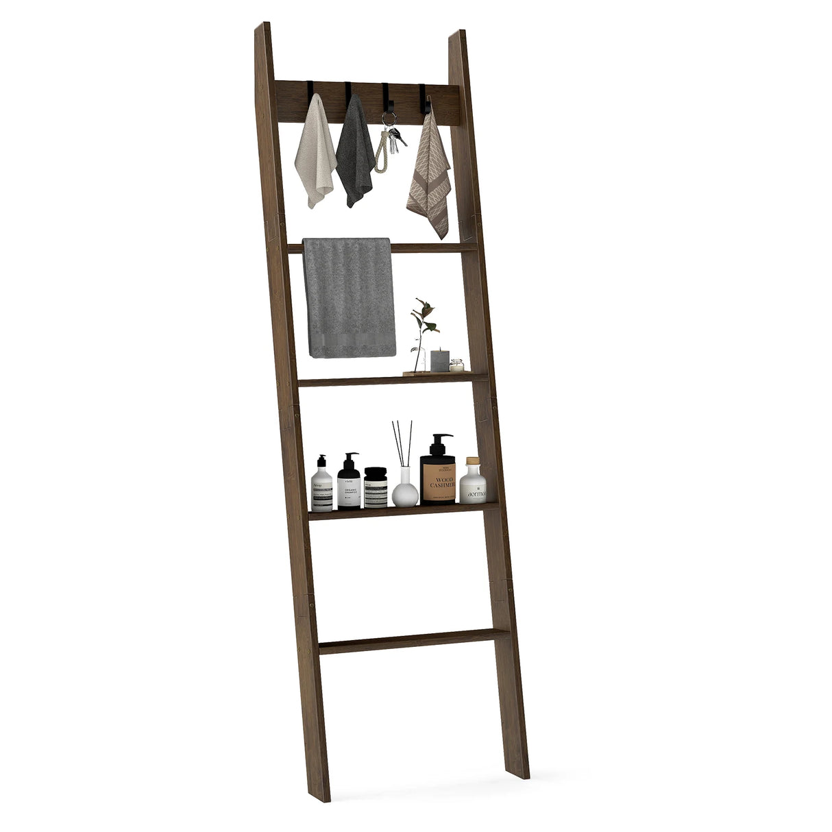 5-Tier Bamboo Ladder Bookshelf with 4 Removable Hooks-Brown