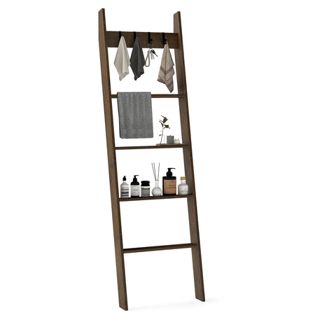 5-Tier Bamboo Ladder Bookshelf with 4 Removable Hooks-Brown