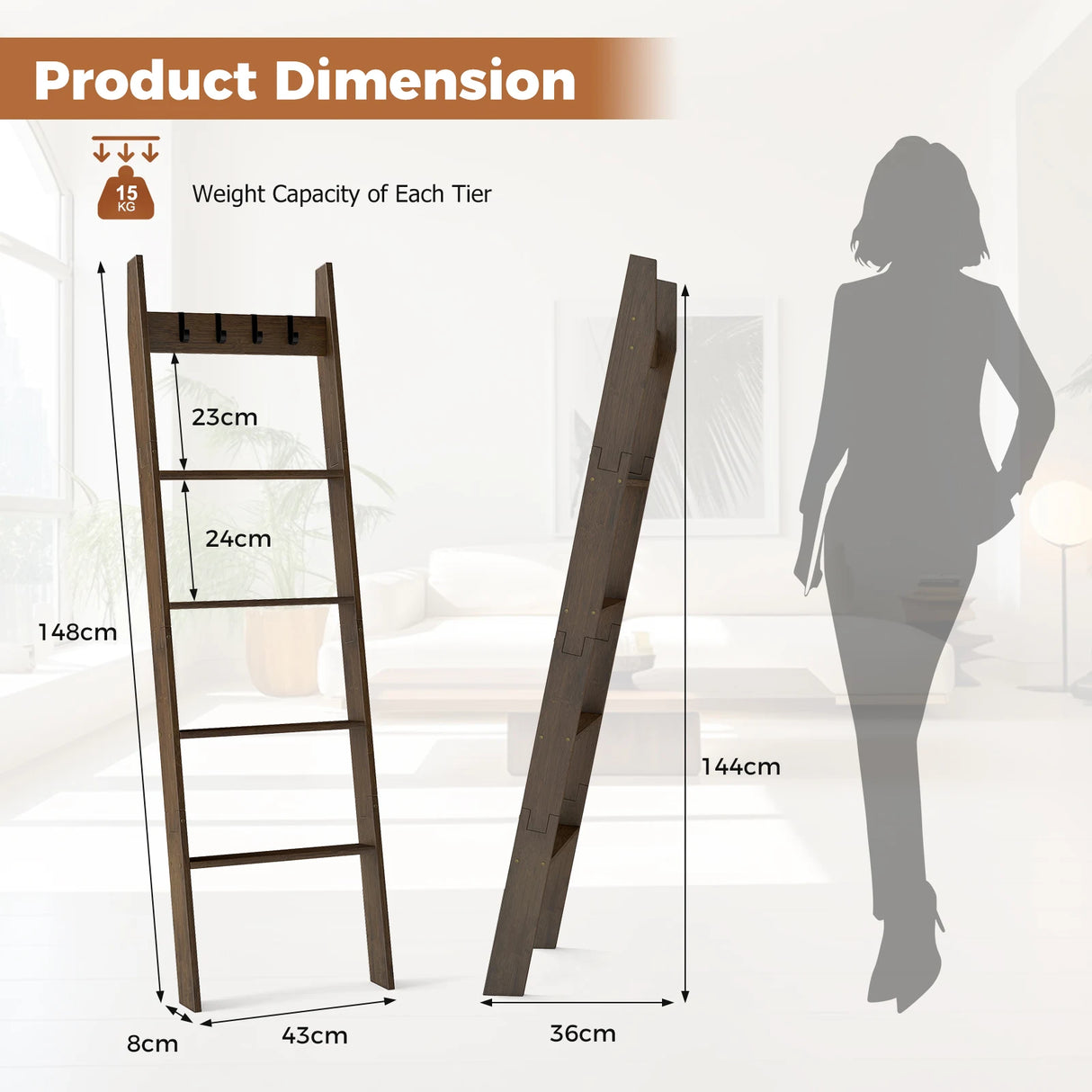 5-Tier Bamboo Ladder Bookshelf with 4 Removable Hooks-Brown