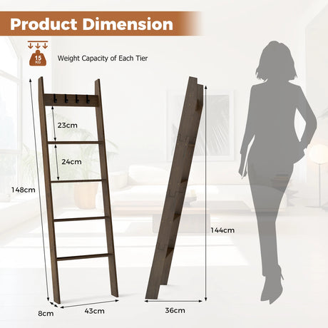 5-Tier Bamboo Ladder Bookshelf with 4 Removable Hooks-Brown