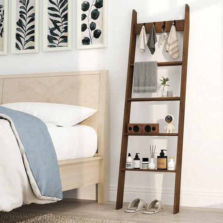 5-Tier Bamboo Ladder Bookshelf with 4 Removable Hooks-Brown