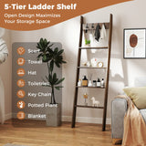 5-Tier Bamboo Ladder Bookshelf with 4 Removable Hooks-Brown