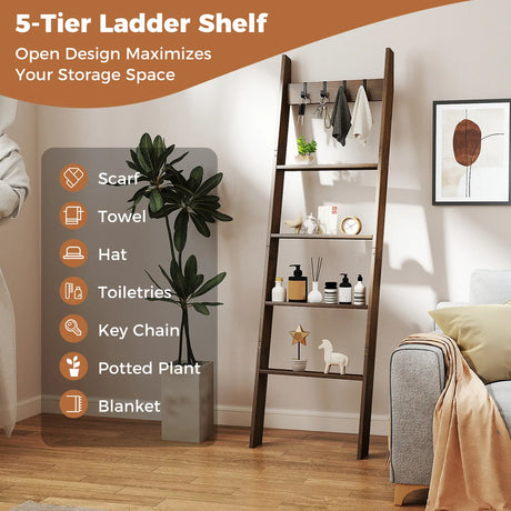 5-Tier Bamboo Ladder Bookshelf with 4 Removable Hooks-Brown