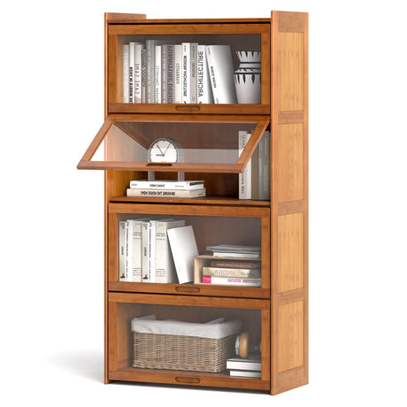 140 cm Bamboo Bookshelf with See-through Acrylic Doors-Brown