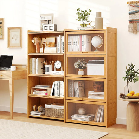 140 cm Bamboo Bookshelf with See-through Acrylic Doors-Natural