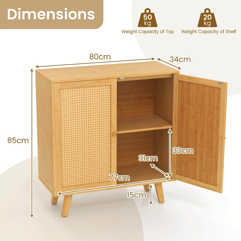 Bamboo Buffet Storage Cabinet with PE Rattan Doors and Freestanding Kitchen Cupboard-Natural