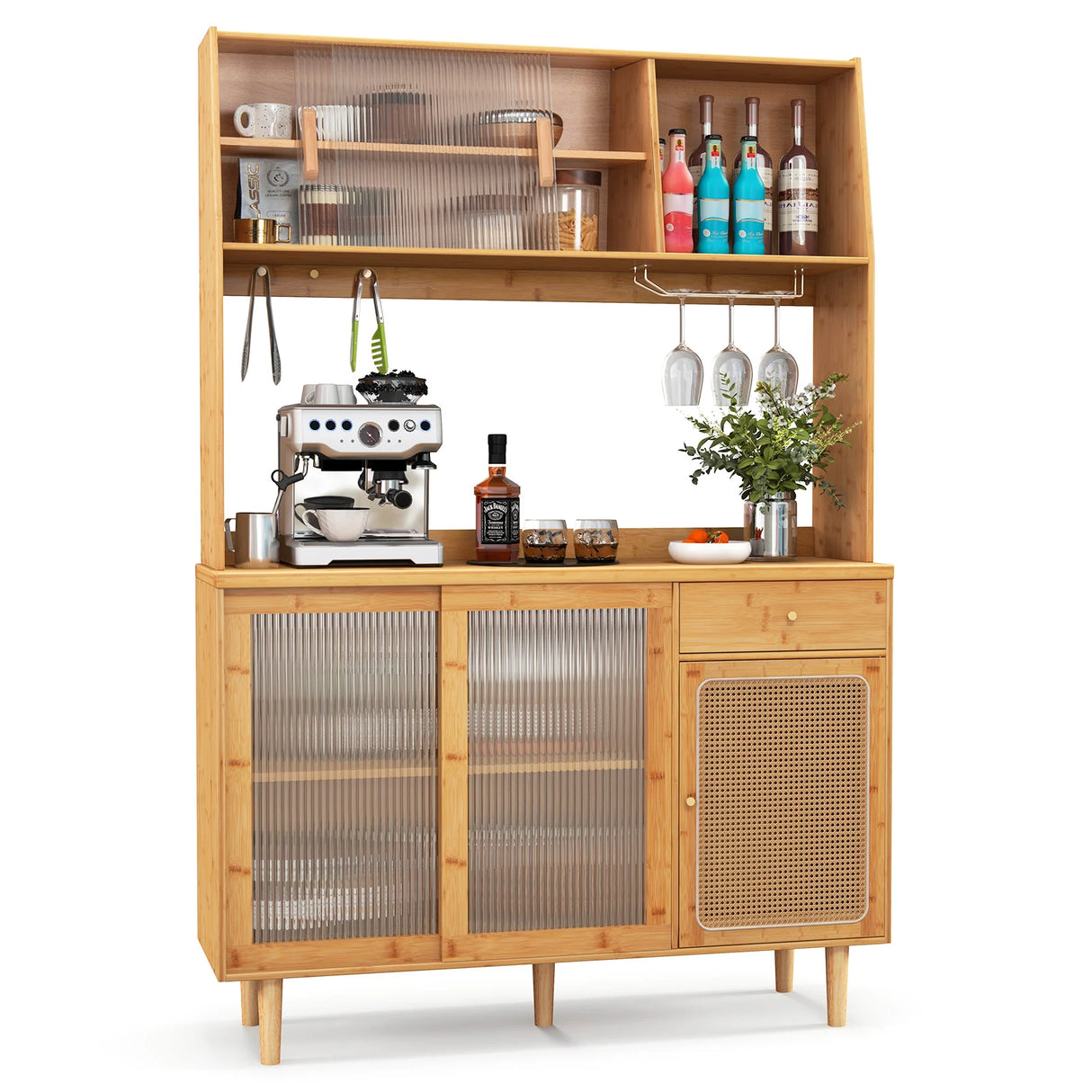 69 Inch Wine Bar Kitchen Cabinet with Sliding Tempered Glass and Rattan Door-Natural