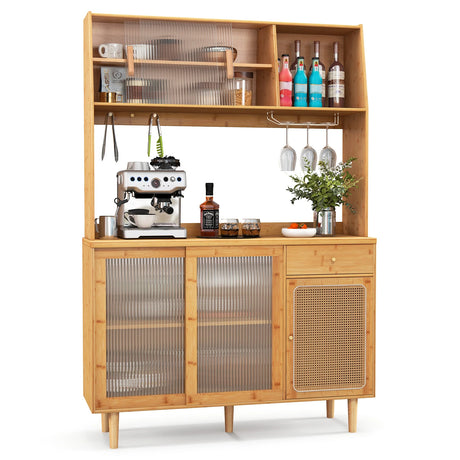 69 Inch Wine Bar Kitchen Cabinet with Sliding Tempered Glass and Rattan Door-Natural