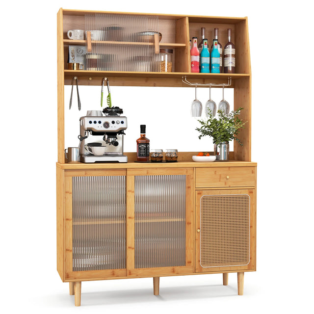 69 Inch Wine Bar Kitchen Cabinet with Sliding Tempered Glass and Rattan Door-Natural