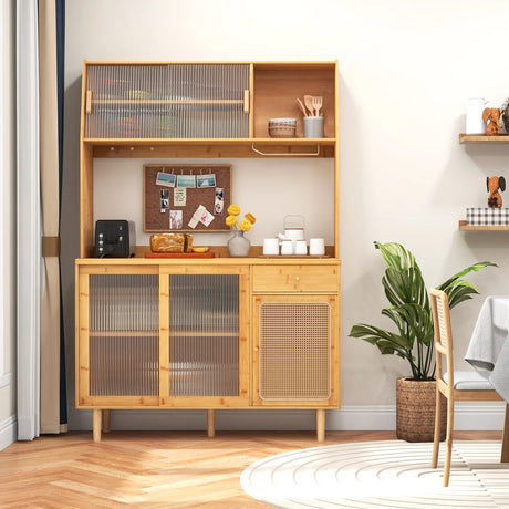 69 Inch Wine Bar Kitchen Cabinet with Sliding Tempered Glass and Rattan Door-Natural
