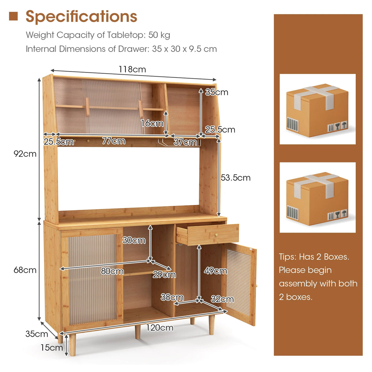 69 Inch Wine Bar Kitchen Cabinet with Sliding Tempered Glass and Rattan Door-Natural