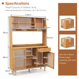 69 Inch Wine Bar Kitchen Cabinet with Sliding Tempered Glass and Rattan Door-Natural