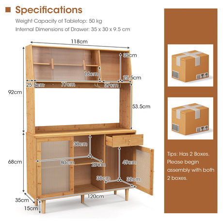 69 Inch Wine Bar Kitchen Cabinet with Sliding Tempered Glass and Rattan Door-Natural