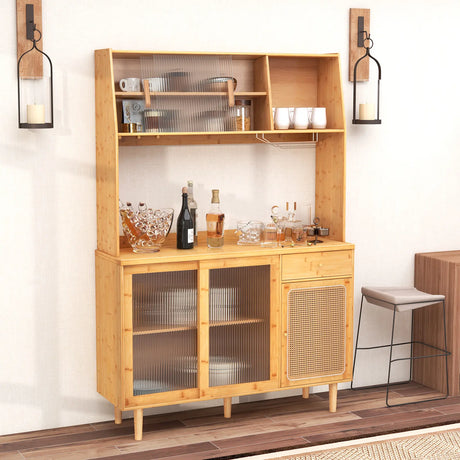 69 Inch Wine Bar Kitchen Cabinet with Sliding Tempered Glass and Rattan Door-Natural